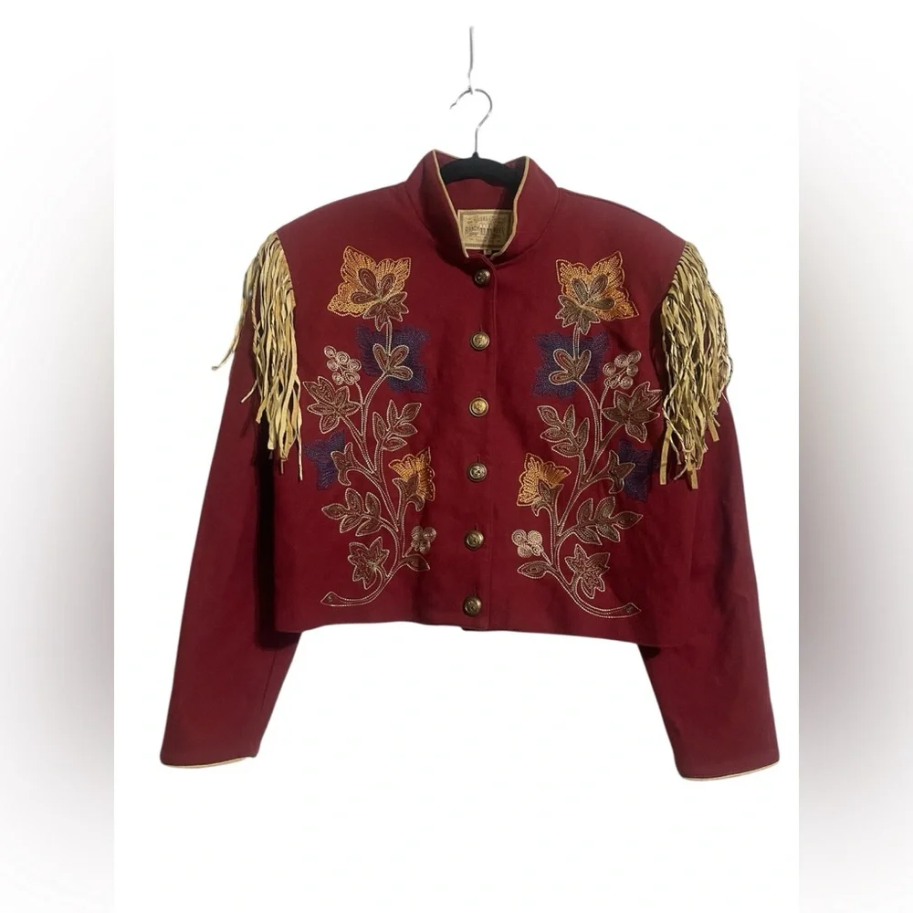 Double D Ranch Wear Deep Red Embroidered Wool Jacket with Leather Fringe - Picture 1 of 6
